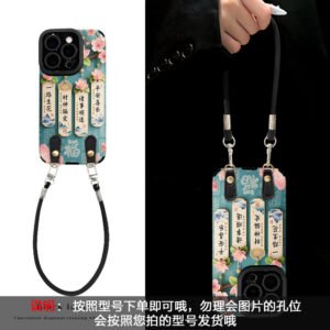 Eyelet lambskin-black [all the way flower blue] leather buckle lanyard