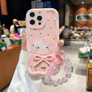 Cream wave shell-milk white [lucky pink polka dot] cat bow + bracelet